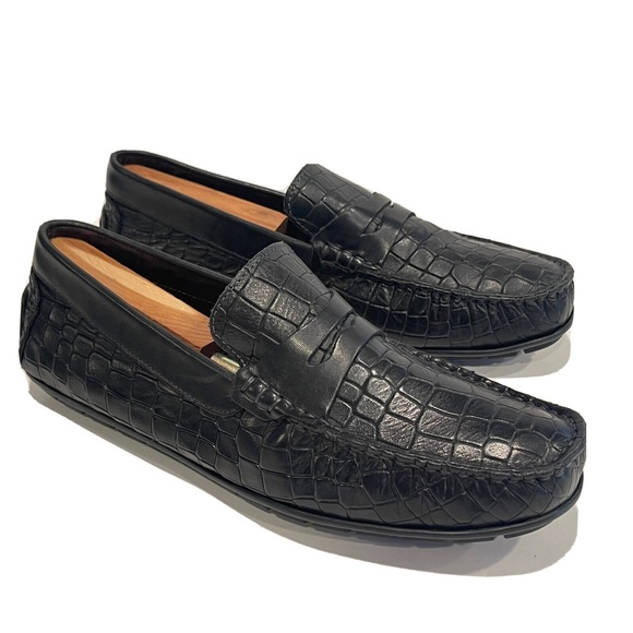 Bacco Bucci Mens Sz 8 Slip-On Black Croc Print Leather Driving Mocs Penny Loafer - Picture 1 of 12